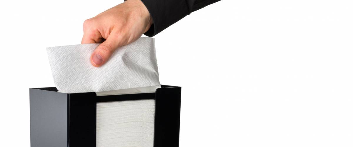 A person takes household paper from a household sheet dispenser