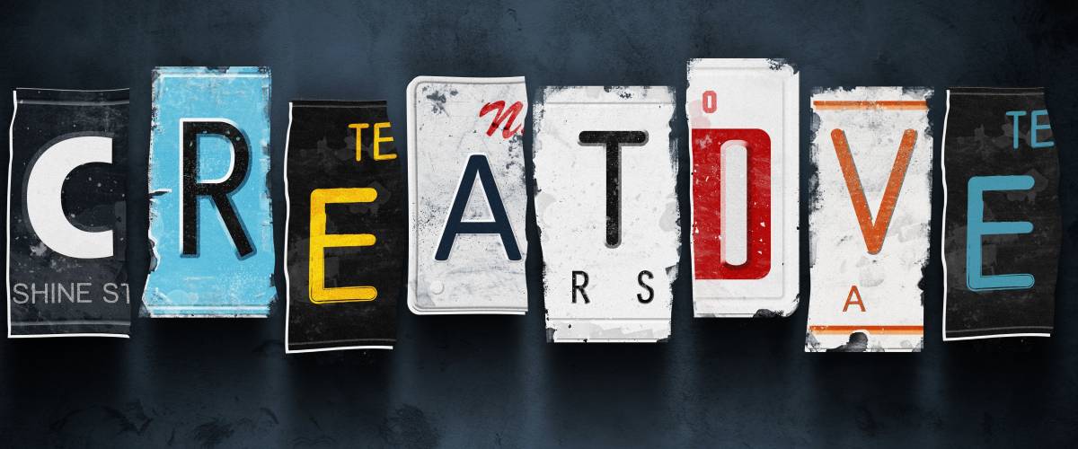 Creative word on vintage broken car license plates, concept sign