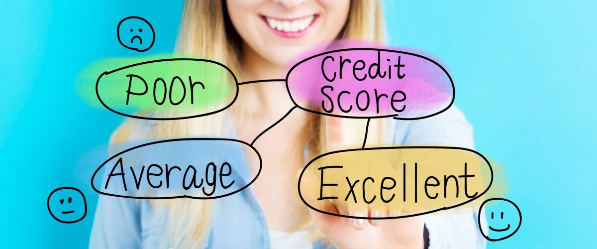 Credit Score concept with young woman on blue background