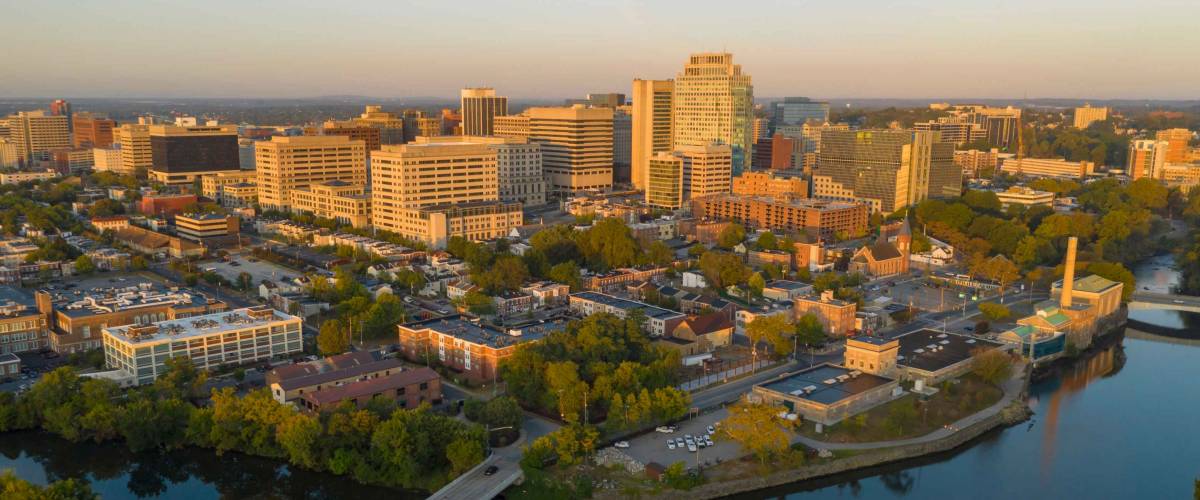 Saturated early morning light hits the buildings and architecture of downtown Wilmington Delaware