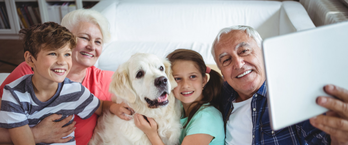 Grandparents and grandchildren sitting on sofa and taking a selfie with digital tablet
