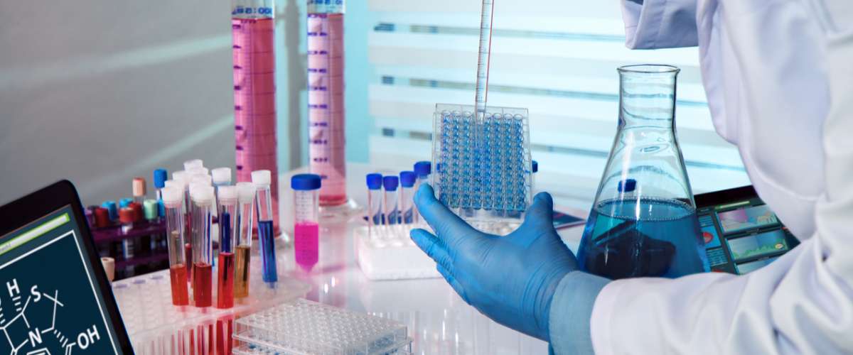 researcher working in a biotechnology lab / biochemical engineer working with microplate in a laboratory experiment