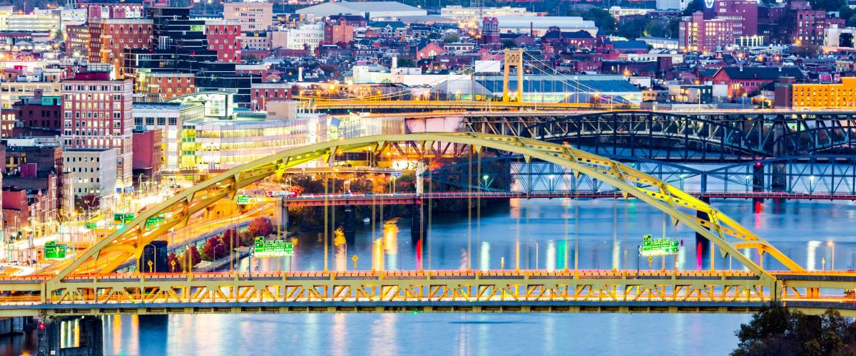 Fort Pitt Bridge spans Monongahela river in Pittsburgh, Pennsylvania.