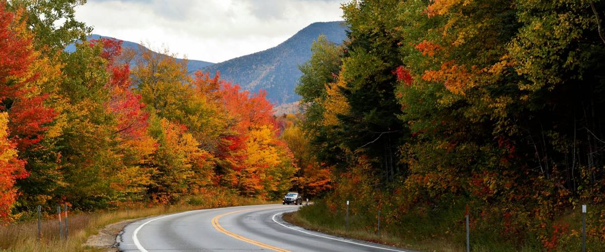 Beautiful fall foliage along the famous Kancamagus Highway at White Mountain, New Hampshire, USA