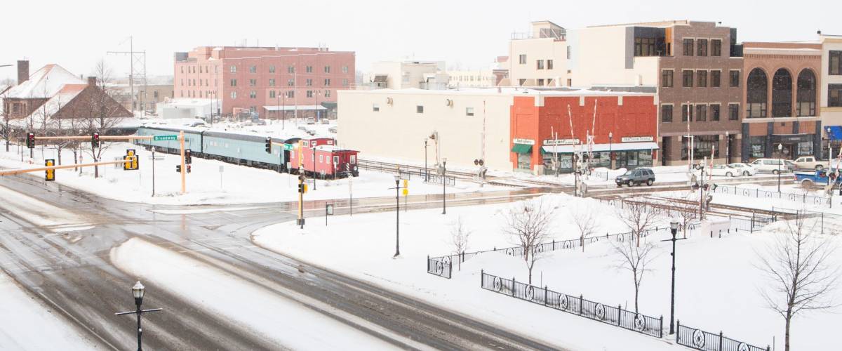 A snowstorm passes thru fargo, North dakota in winter.