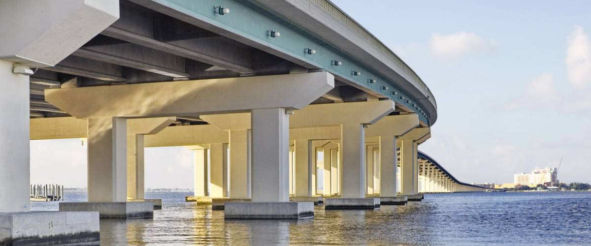 View from below Biloxi Bay Bridge as it crosses Biloxi Bay from Ocean Springs, MS to Biloxi, MS.