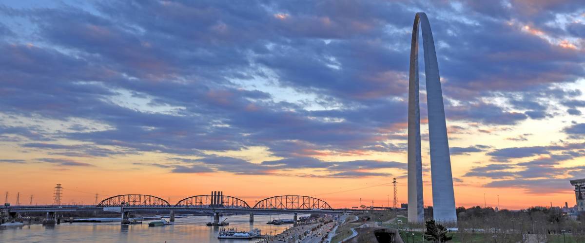 St. Louis, Missouri, USA - Nov. 28, 2017 - A view of St. Louis, Missouri and the Gateway Arch from Eads Bridge.