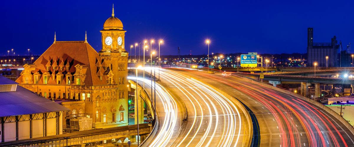 Richmond, Virginia, USA at historic Main Street Station and Interstate 95.