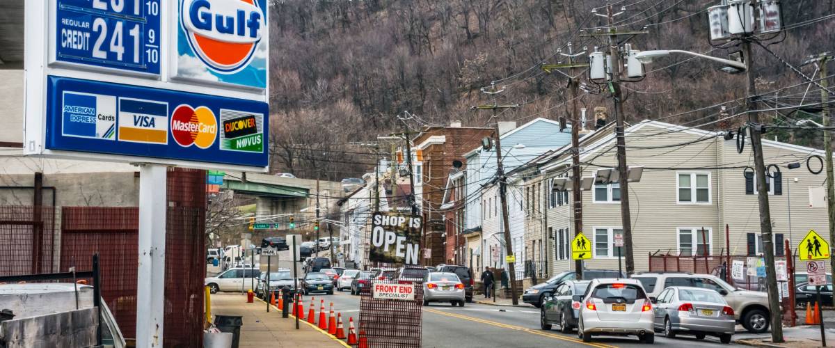 PATERSON, NEW JERSEY- MARCH 6 - A view of Paterson NJ and the gas prices at this Shell station on March 6 2017 in New Jersey.