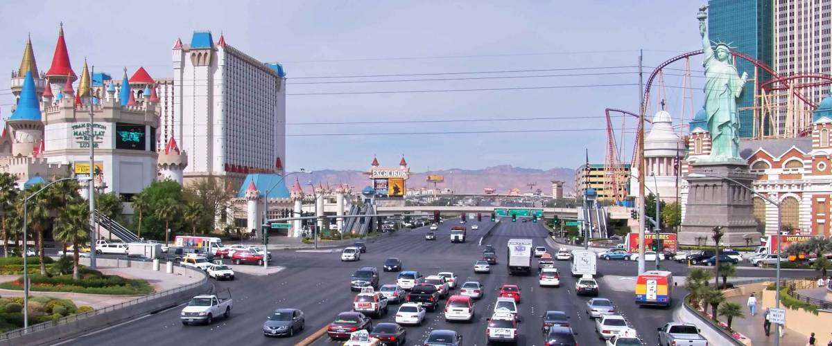 Las Vegas. Daytime. Excalibur Hotel, New York Hotel, road traffic