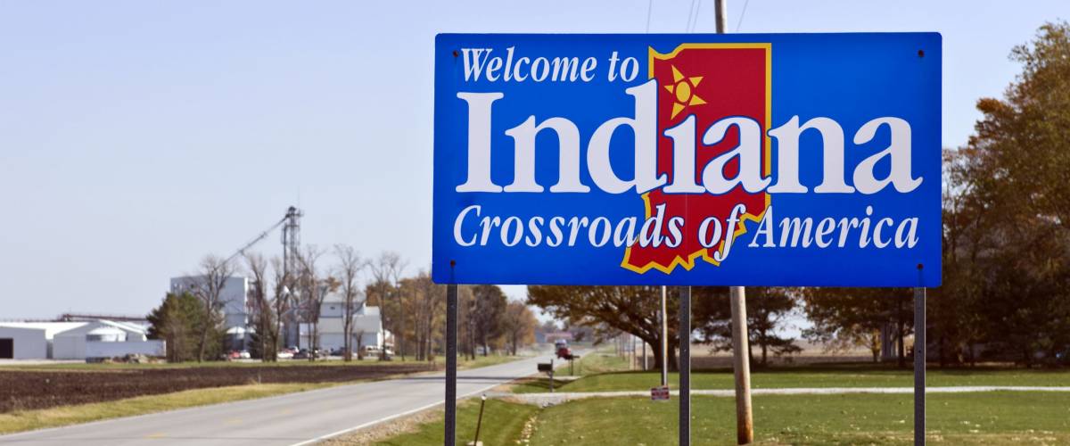 A welcome sign at the Indiana state line