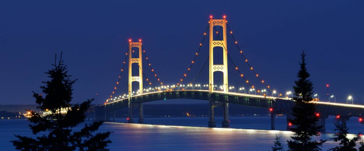 Mackinac Bridge under moonlight taken from Straits State Park.
