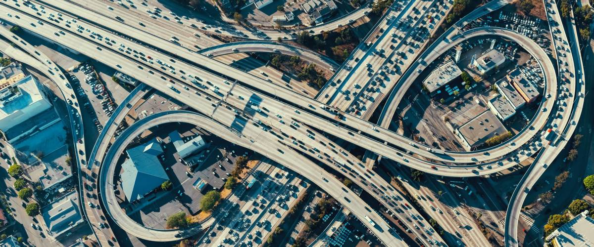 Aerial view of a massive highway intersection in Los Angeles
