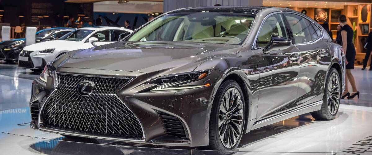 FRANKFURT - SEPTEMBER 12, 2017: The 2018 Lexus LS 500h, the full hybrid version of Lexus' new flagship sedan, is on display at 67th IAA, Frankfurt.
