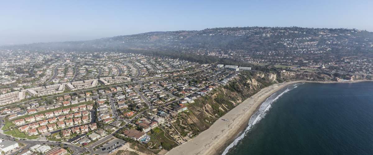 Aerial view of Torrance Beach and Rancho Palos Verdes in Los Angeles County, California