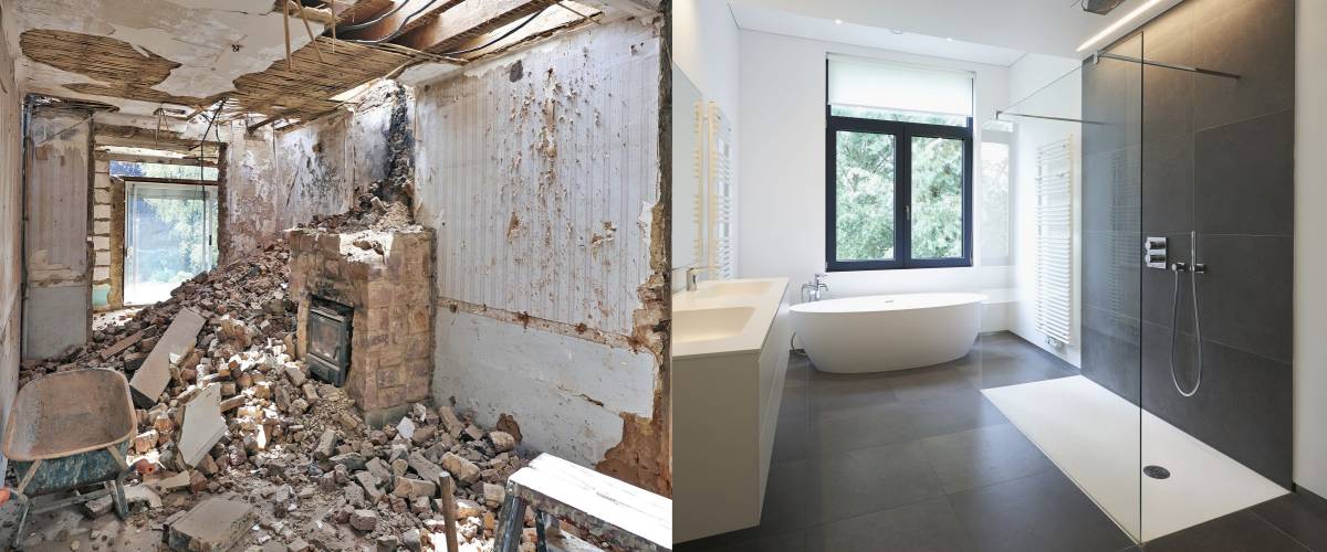 Renovation of a bathroom Before and after in horizontal format