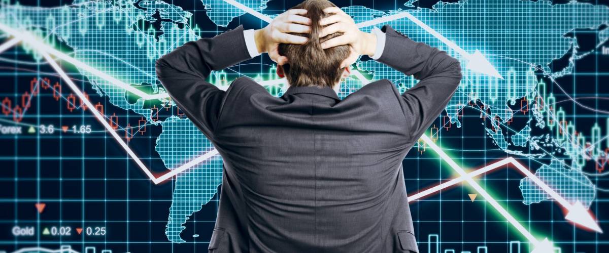 Businessman grabs the head concept with business chart on scoreboard