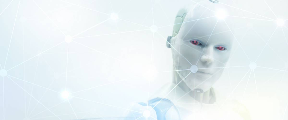 abstract robot humanoid on link high tech background in machine learning concept