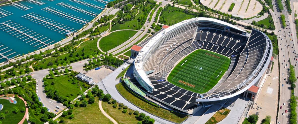 CHICAGO - MAY 18: Aerial view of Chicago Soldiers Filed on May 18th, 2012. Soldiers Field is the oldest NFL operating stadium and is Home of the Chicago Bears since 1971.