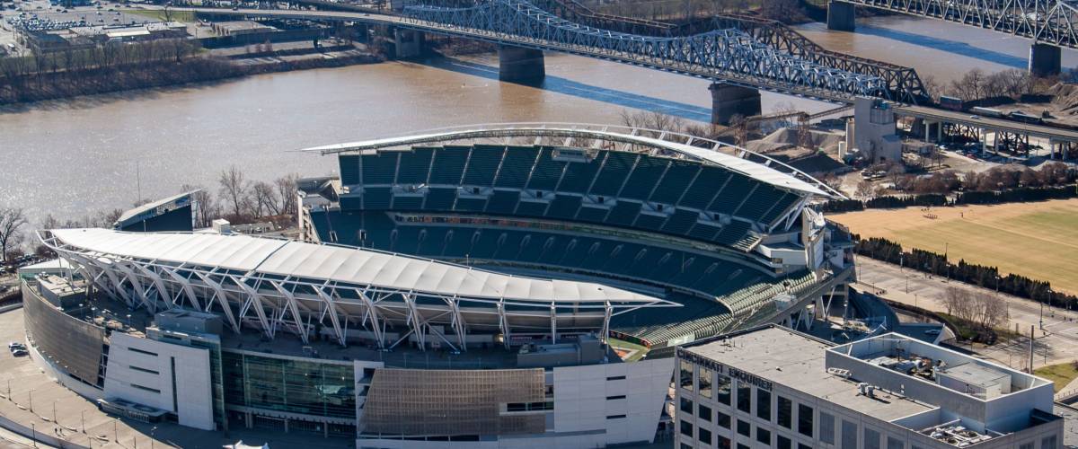 DECEMBER 2016, CINCINNATI, OHIO: A view of Paul Brown Stadium along the Ohio River, where the Bengals play, from the Carew Tower