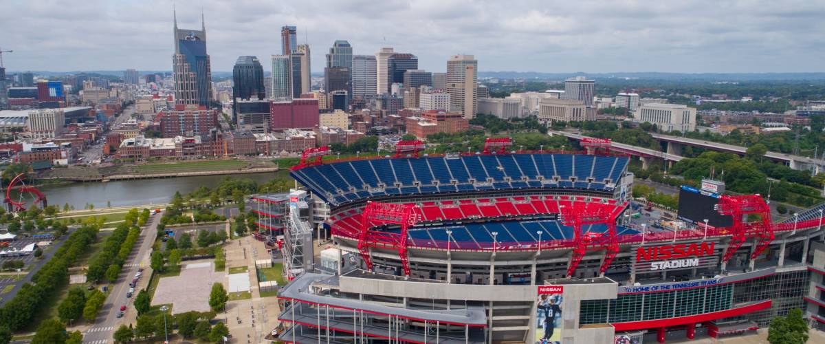NASHVILLE, TN, USA - AUGUST 10, 2017: Aerial drone photo of the Nissan Football Stadium