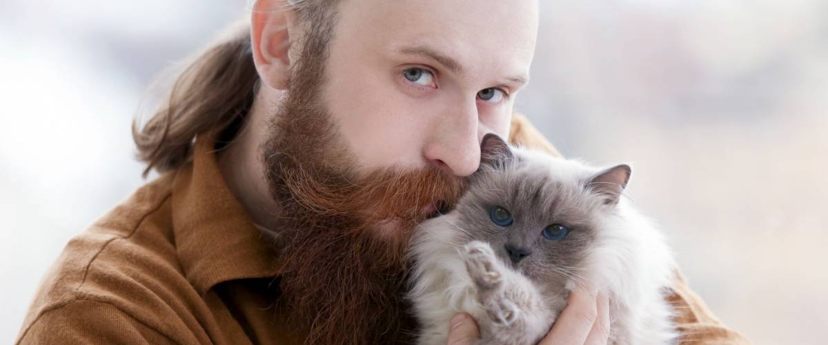 Young bearded man holding fluffy cat on blurred background