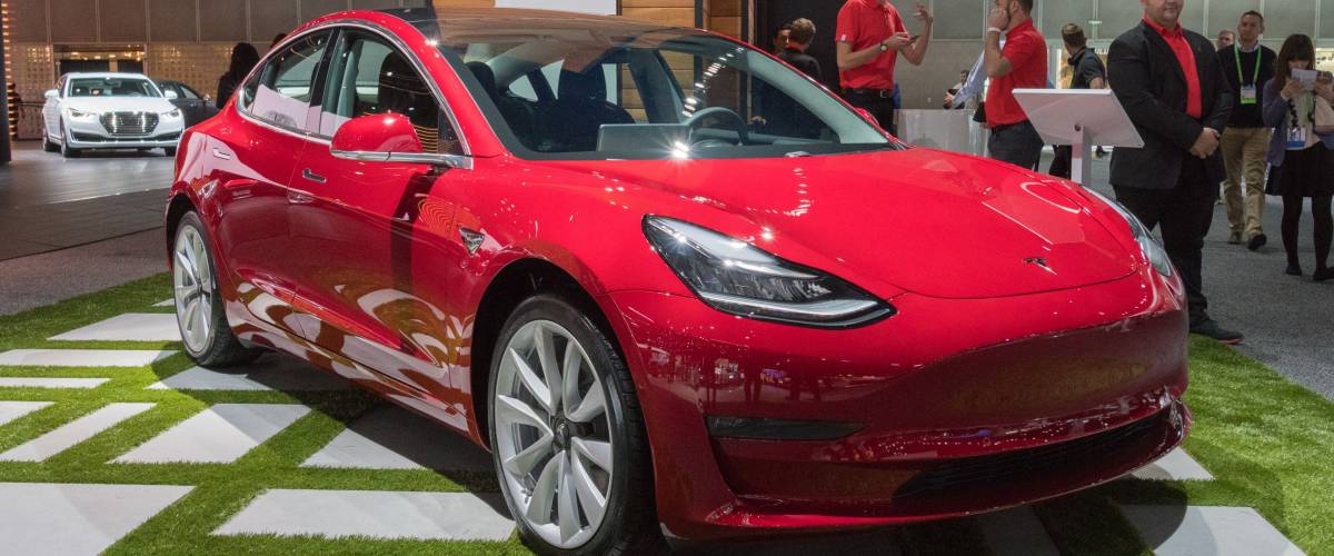 Los Angeles, USA - November 30, 2017: Tesla Model 3 on display during LA Auto Show at the Los Angeles Convention Center.