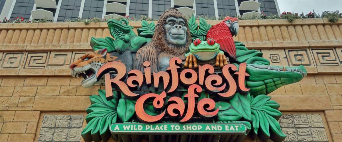 ATLANTIC CITY, NJ -1 APR 2018- View of the Rainforest Cafe restaurant on the boardwalk in Atlantic City, a vacation town on the Jersey Shore known for its gambling casinos and hotels.