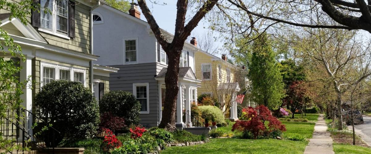 Early spring neighborhood in Richmond, Virginia-refurbished homes, trees, plants, flowers, lawns and sidewalk. Horizontal.