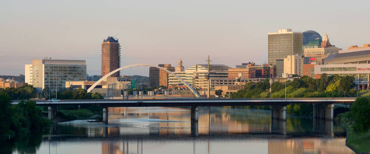Des Moines, Iowa - JULY 16: Downtown Des Moines at dawn from the University Avenue bridge on July 16, 2016 in Des Moines, Iowa