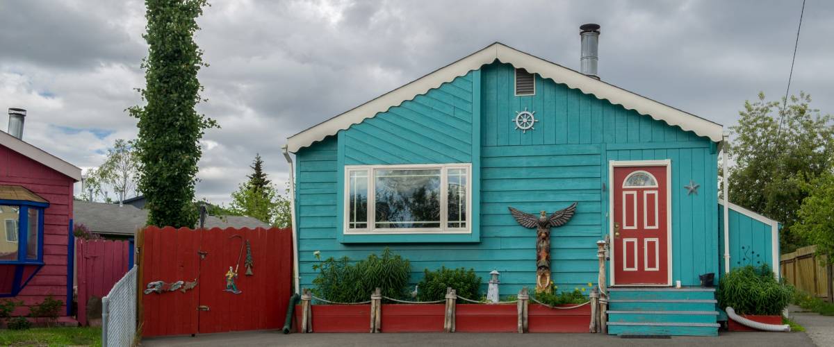 colorful wooden turquoise house in Anchorage, Alaska, USA
