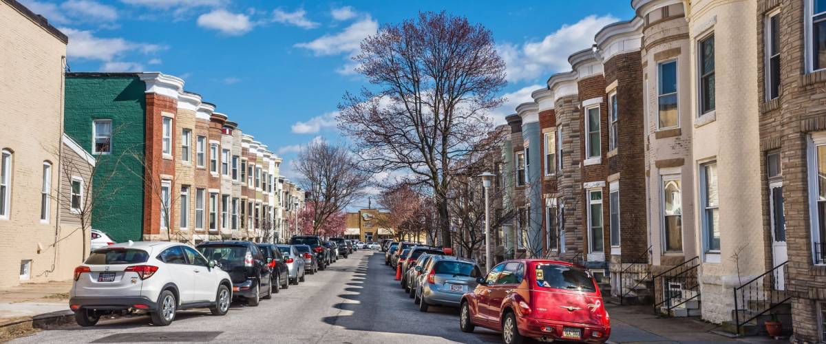 BALTIMORE, MARYLAND - MARCH 3: Colorful row homes in this Hampden neighborhood on March 3 2017 in Northern Baltimore.