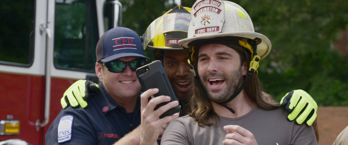 Jonathan Van Ness with Karamo Brown in a scene from Queer Eye Season 1, Episode 8
