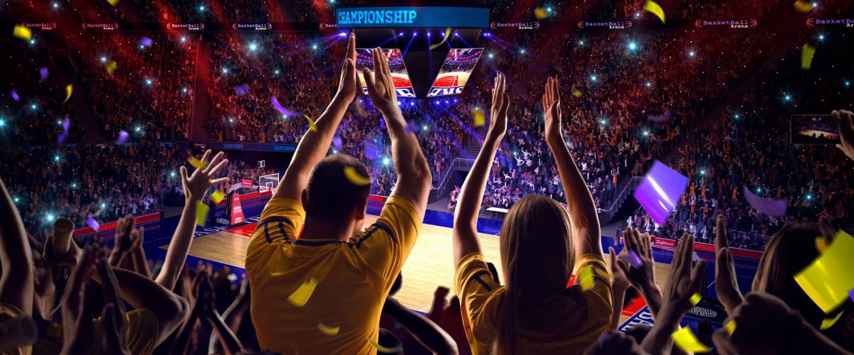 Fans on basketball court in game Confetti and tinsel