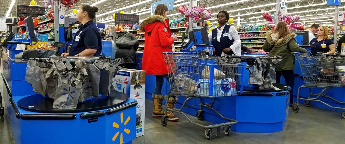 HDR image, Walmart customers check out line, cashier counter - Saugus, Massachusetts USA - February 5, 2018