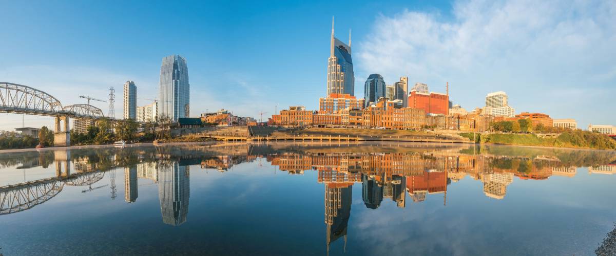 Nashville, Tennessee downtown skyline with Cumberland River in USA