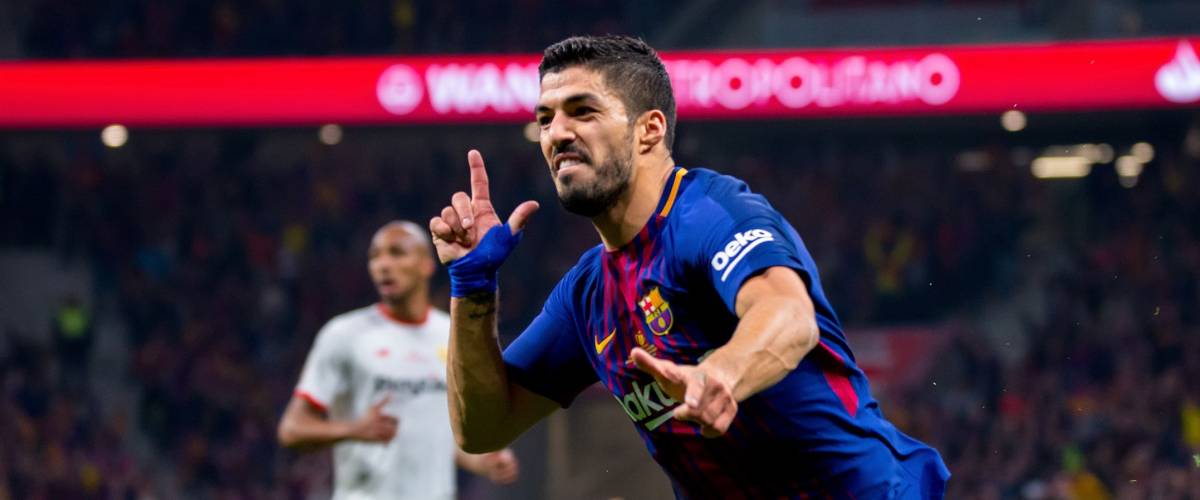 MADRID - APR 21: Luis Suarez plays at the Copa del Rey final match between Sevilla FC and FC Barcelona at Wanda Metropolitano Stadium on April 21, 2018 in Madrid, Spain.