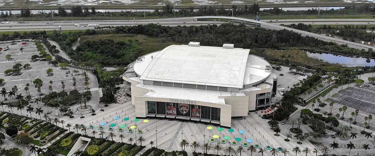 An aerial shot of the BB&T Center in Sunrise, Florida which is also home to the Florida Panthers hockey team.