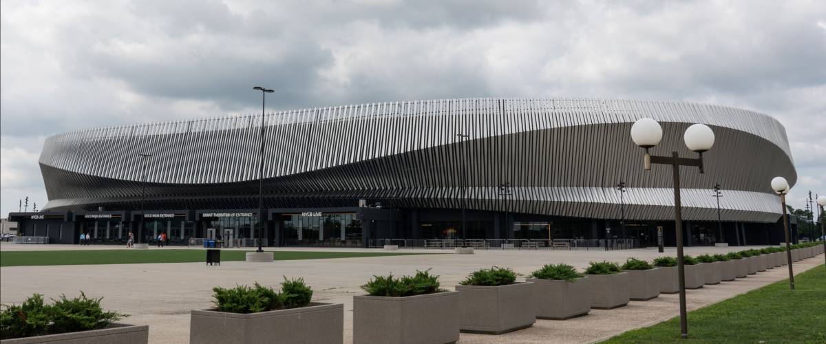 Uniondale, NY - August 22, 2018: Side view of the Nassau County Veterans Memorial Coliseum.