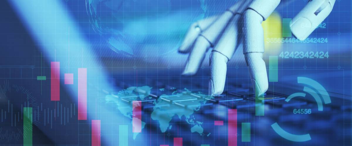 HUD effect, with a robotic hand working a laptop. Forex graph overlaid.