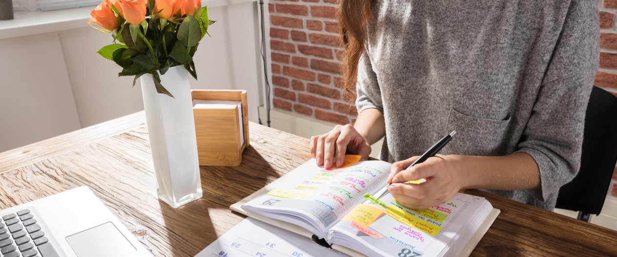 Young woman writing in her daily agenda schedule