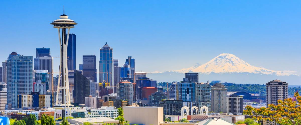 Seattle downtown skyline and Mt. Rainier, Washington.