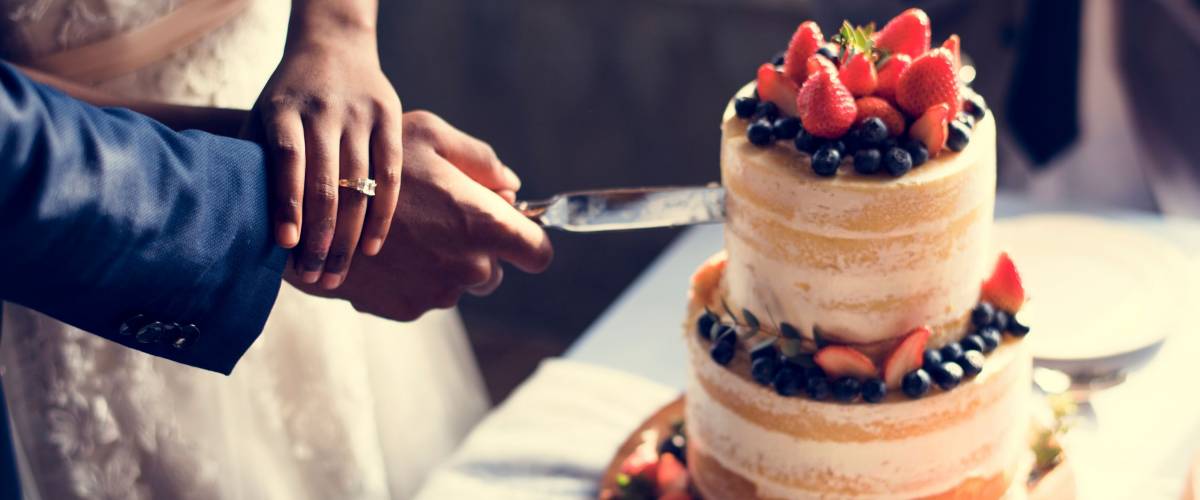 Couple Hands Cutting Wedding Cake