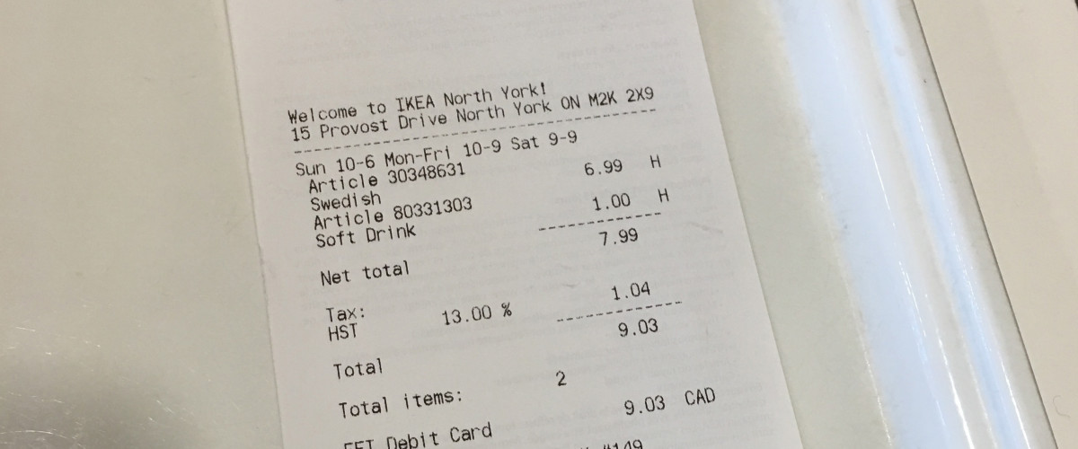 Receipt from dinner at IKEA