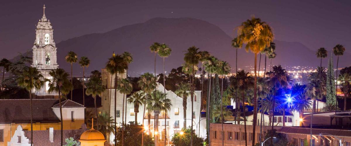 Evening view of downtown Riverside, California, skyline.