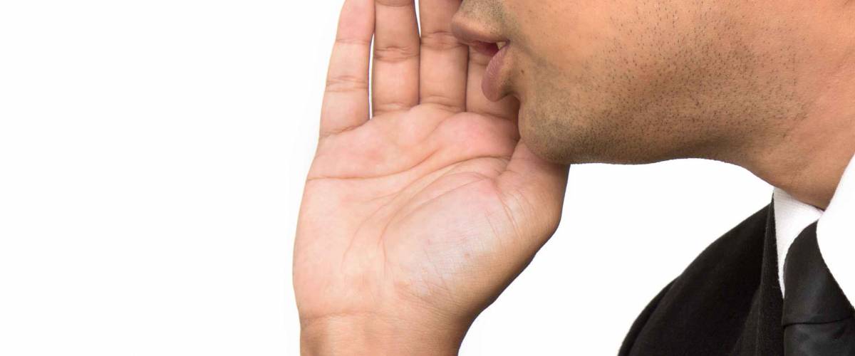businessman say, talking, hold hand near open mouth