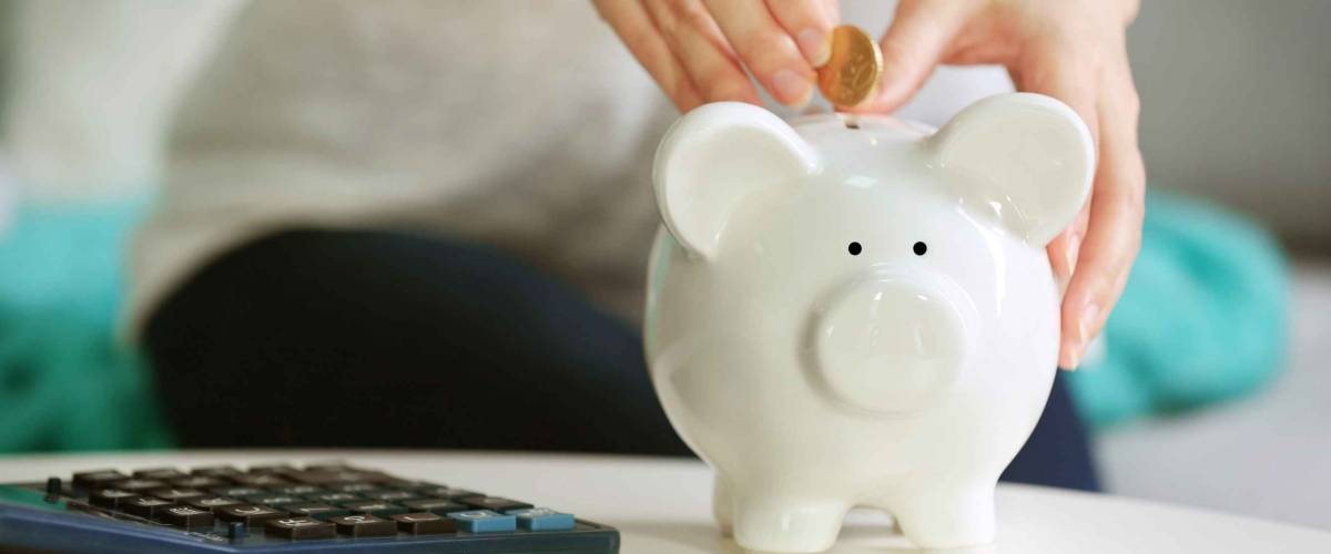 Female hand putting coin into piggy bank closeup