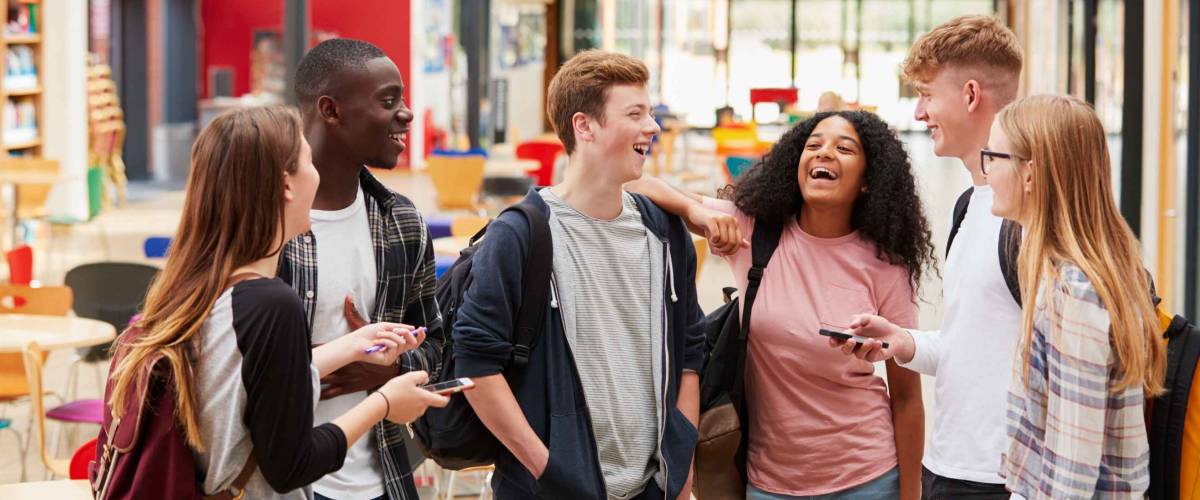 Student Group Socializing In Communal Area Of Busy College