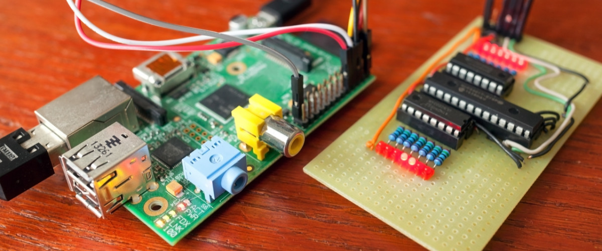 Tabletop experiment with Raspberry Pi and home-brewed circuit with some of the LEDs on